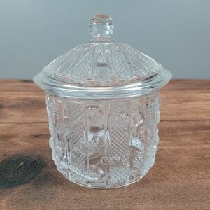 Clear Glass Candy Dish Trinket Box with Lid Carousel Scene Raised Relief